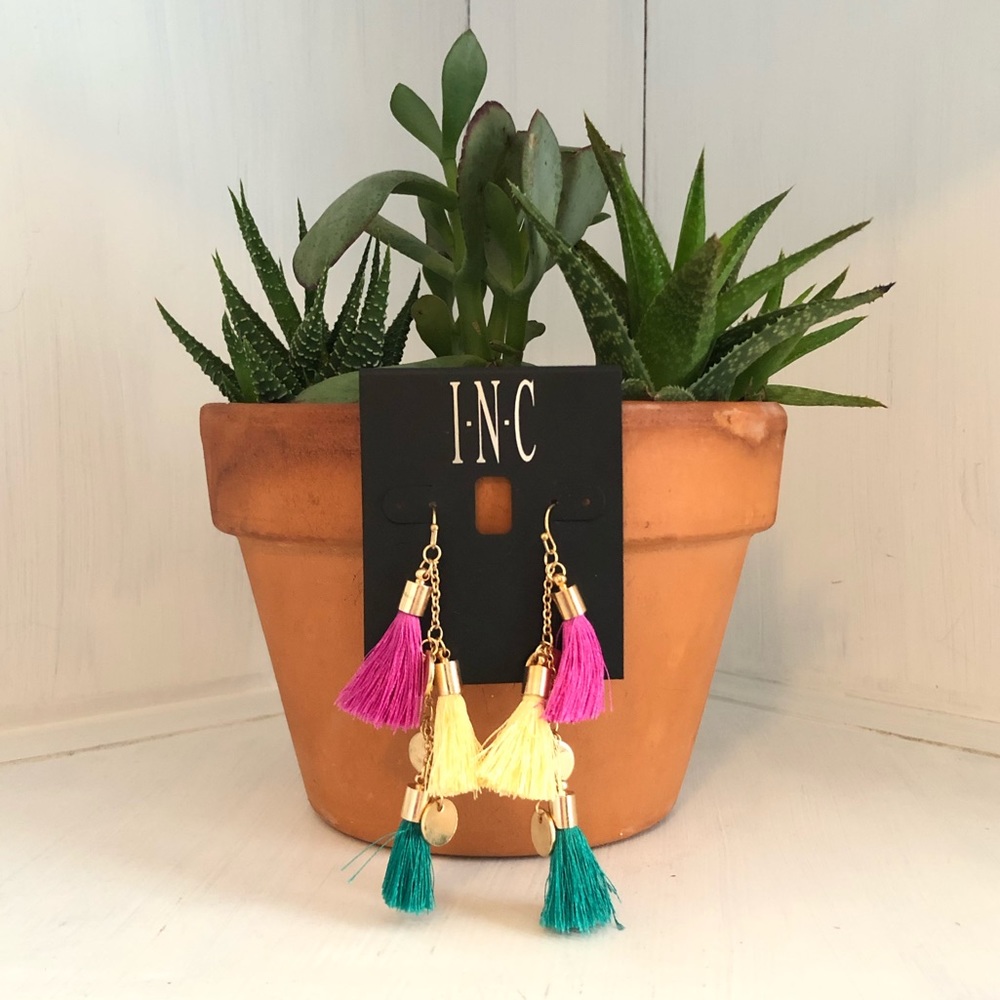 INC Gold Multi Colored Tassel Fringe Earrings